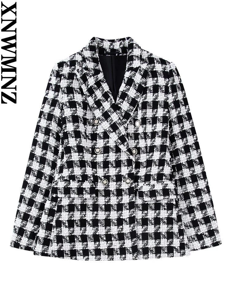

XNWMNZ 2022women fashion houndstooth plaid double-breasted blazer woman retro long-sleeved casual all-match female blazer jacket