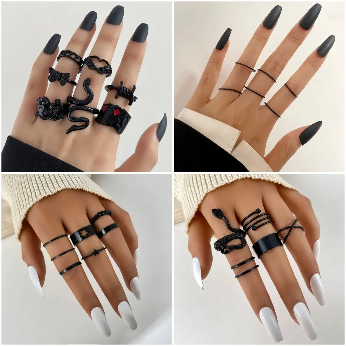 

Vintage Gothic Metal Rings Set for Women Girls Geometric Retro Multi Knuckle Joint Finger Punk Ring Personality Snake Jewelry