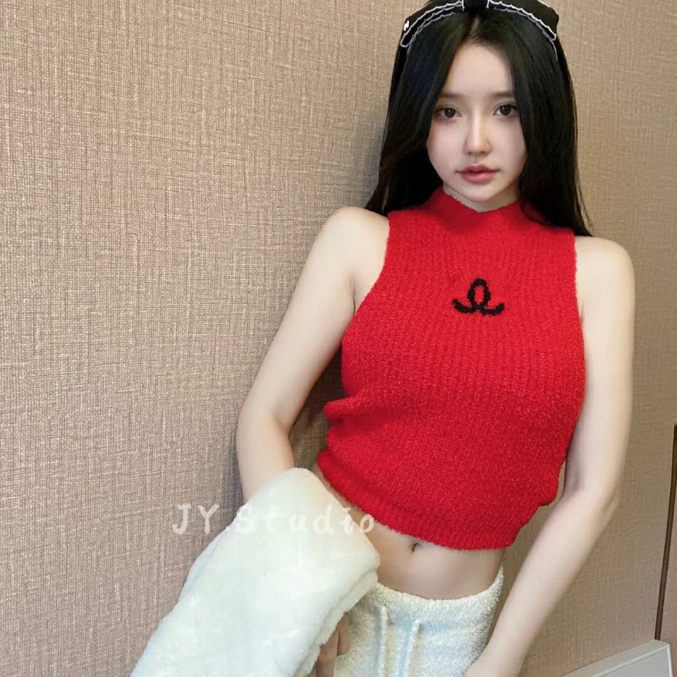 

Early spring new small fragrance vest Jacquard soft waxy round neck short bottoming sleeveless top