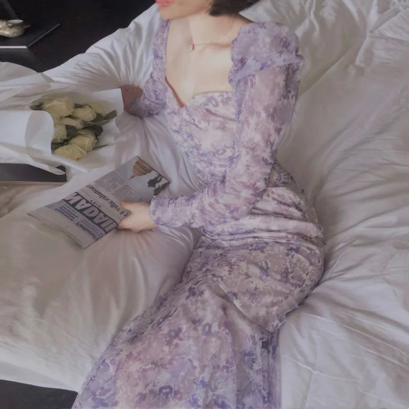 

2022 Chic Floral Elegant Dresses For Women Clothes Puff Sleeve Mesh Mermaid Long Women's Dress Purple Sexy Party Dresses Q5671