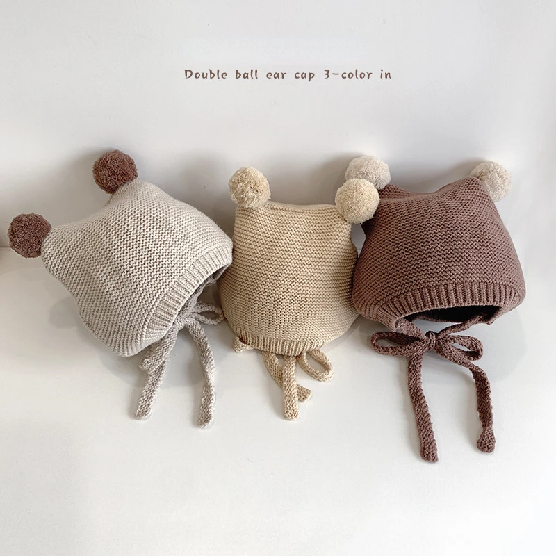 

1 Pc Infant Baby Hat Autumn Milk Tea Color Cartoon Plush Ball Knitted Protective Ear Cap for 2-24 Month Toddler Photograph Props
