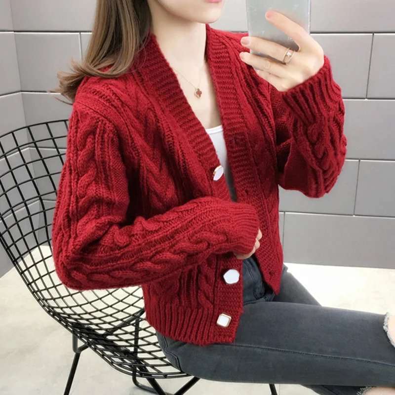 

Women Knitted Solid Sweater Cardiga Twist Thread Jacket Button Korean Fashion Cardigans College V-neck Top Trend Femme Clothing