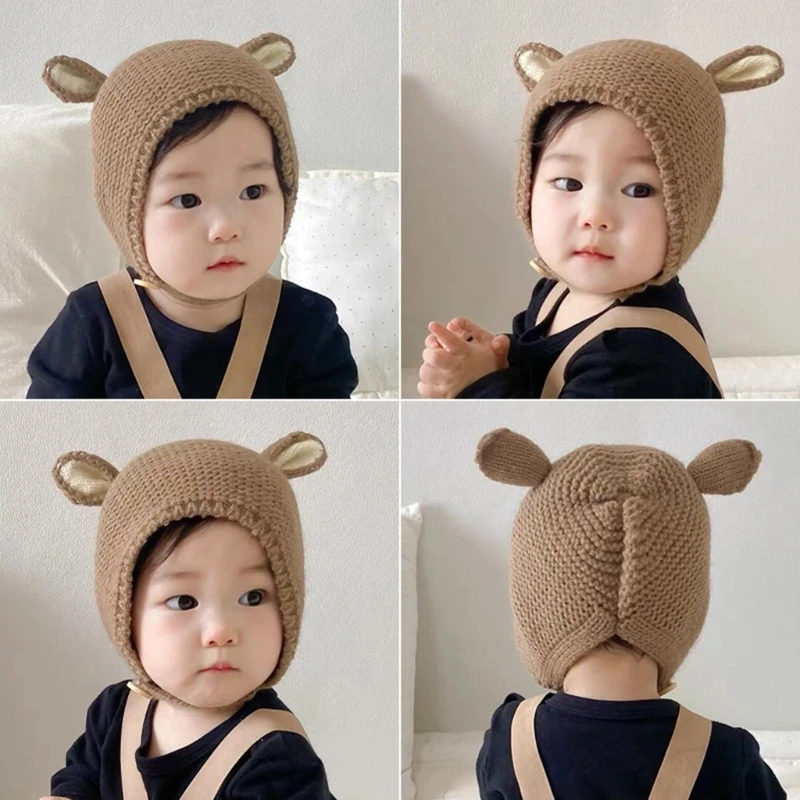 

N80C Winter Warm Earflap Hat Kids Cute Soft Baby Bonnet Cap Photography Props Hat for Boy Girl Newborn Crochet Knitted Hat