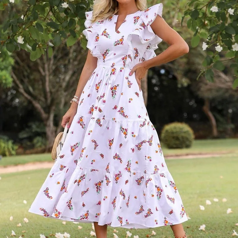 

2023 Women Butterfly Print Cottagecore High Waist Dress Temperament Dresses Ladies Sexy V Neck Sleevess Boho Dress Long Dresses