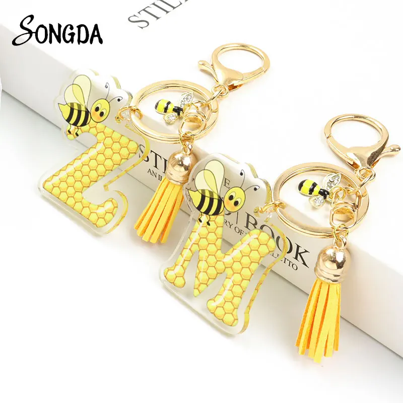 

Lovely 26 Initial Letters Acrylic Keychain Honeycomb Alphabet Tassel Pendant Keyring Cute Bee Drip Oil Charms Key Chains Jewelry