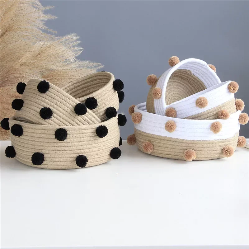 

2023 2023 INS Nordic Cotton Rope Woven Storage Baskets Dirty Clothes Laundry Basket With Pompom Sundries Desktop Sundries Organ