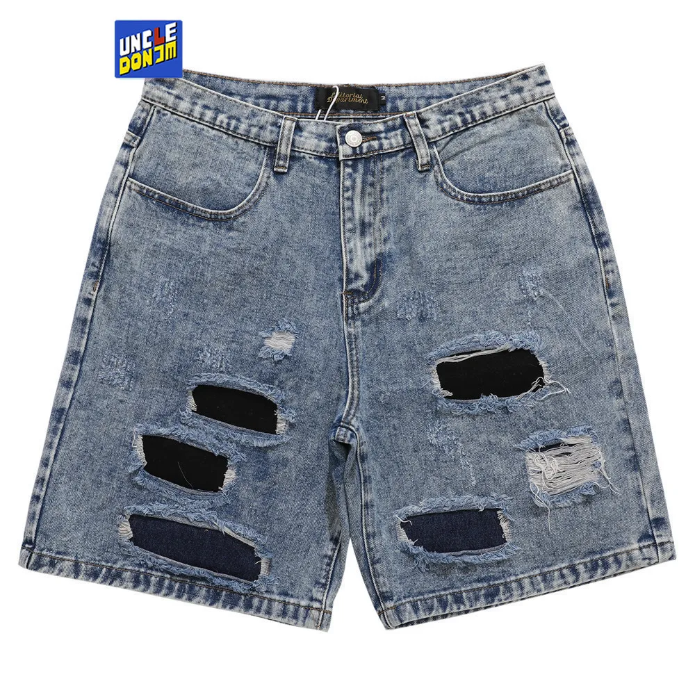 

UNCLEDONJM Distressed baggy jeans mens street wear Shorts patchwork jeans hip hop pants ripped jeans for men loose Shorts