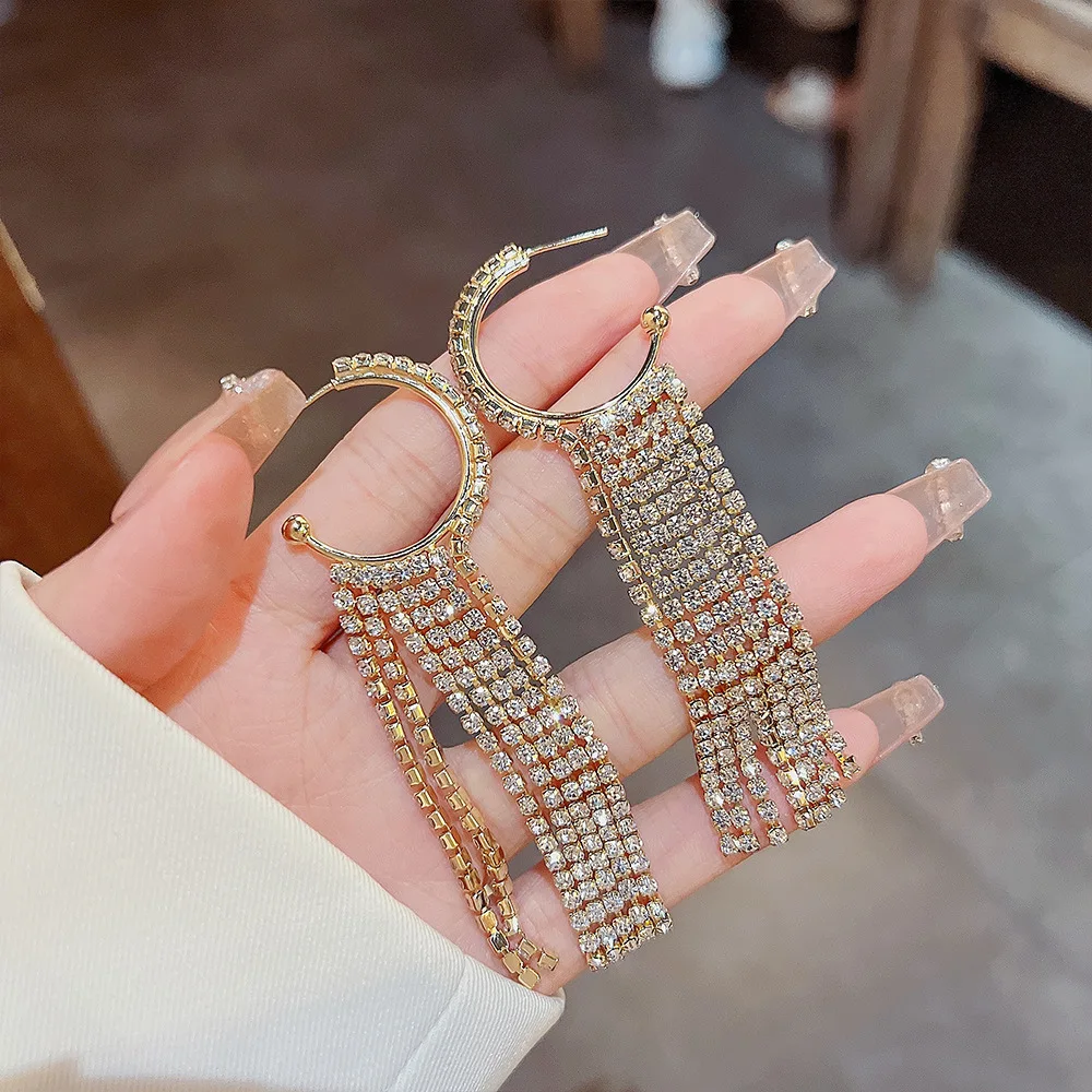 

Golden Silver Colour C-Shaped Zircon Tassel Earrings For Women Personality Fashion Earrings Wedding Jewelry Birthday Gifts