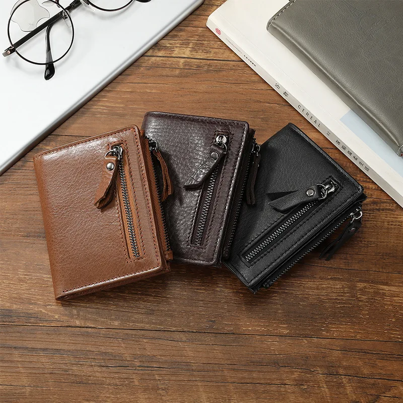 Double Zipper DFID Multifunctional Retro Wax Leather Wallet Leather Men's Bag Short Wallet First Layer Cowhide Men Wallet