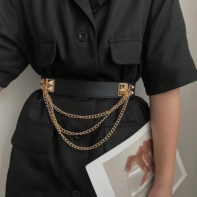Luxury Brand PU Elastic Chain Belt For Women Designer Fashion Thick Chain Waist Strap Dress Coat Sweater Decorative Waistband
