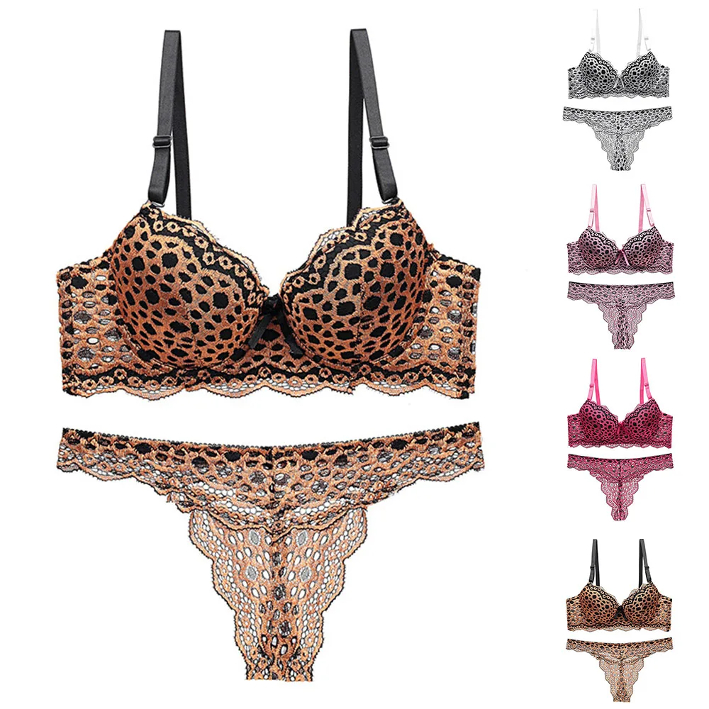 

Womens Sexy Breathable Hollow Out Soft Leopard Push Up Bra Set Lingerie Low Waist Thong Underwear Size 34-40 B C Cup
