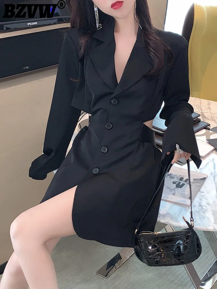 

BZVW Fashion Waist Hollow Out Designe Blazer Dresses For Women 2023 New Trend Long Sleeve Single Breasted Female Dress 25X010