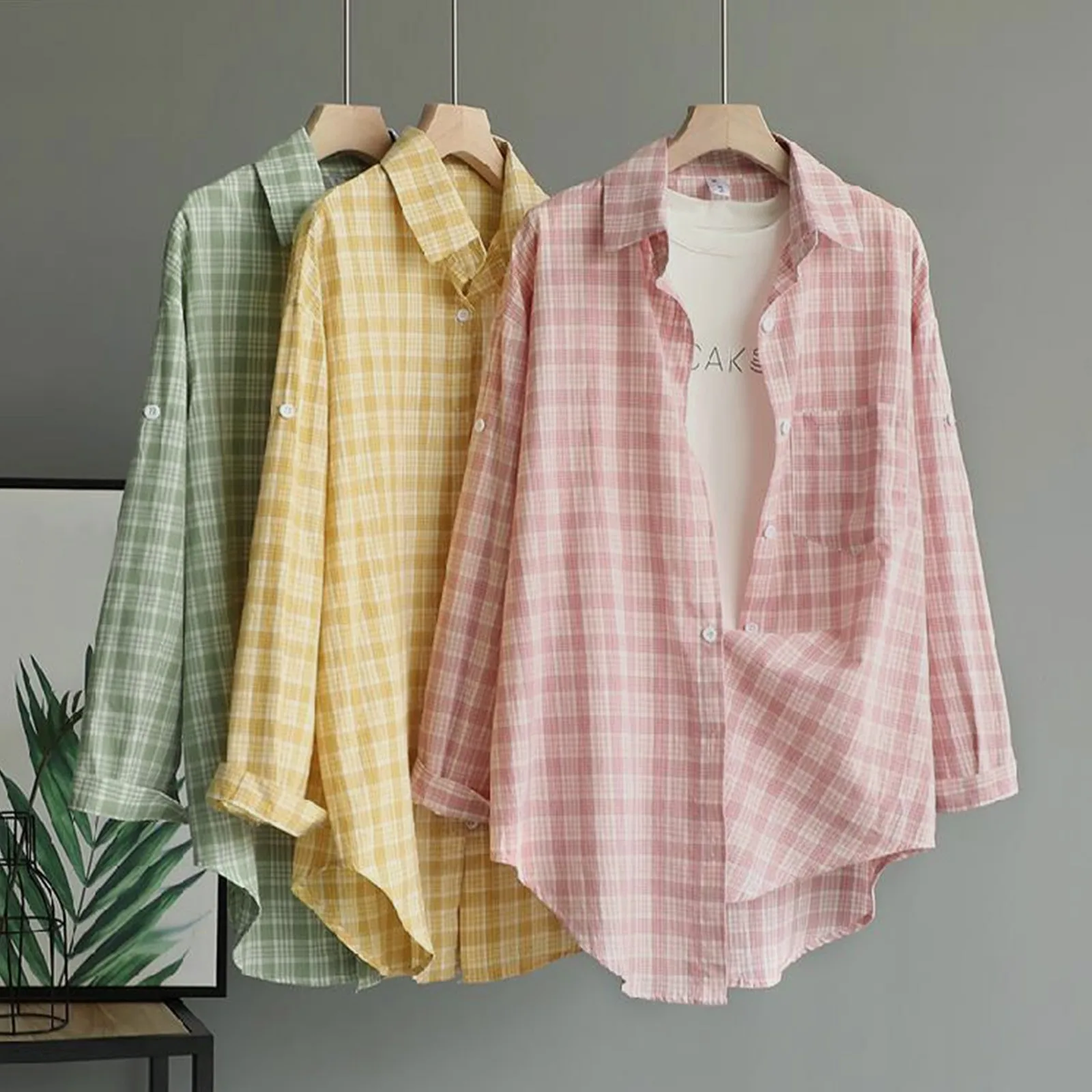 

Womens Tops And Blouses Korean Fashion Long Sleeve Woman Casual Button Up Pullover Plaid Shirts Top Girls Tunic Blouse Plus Size