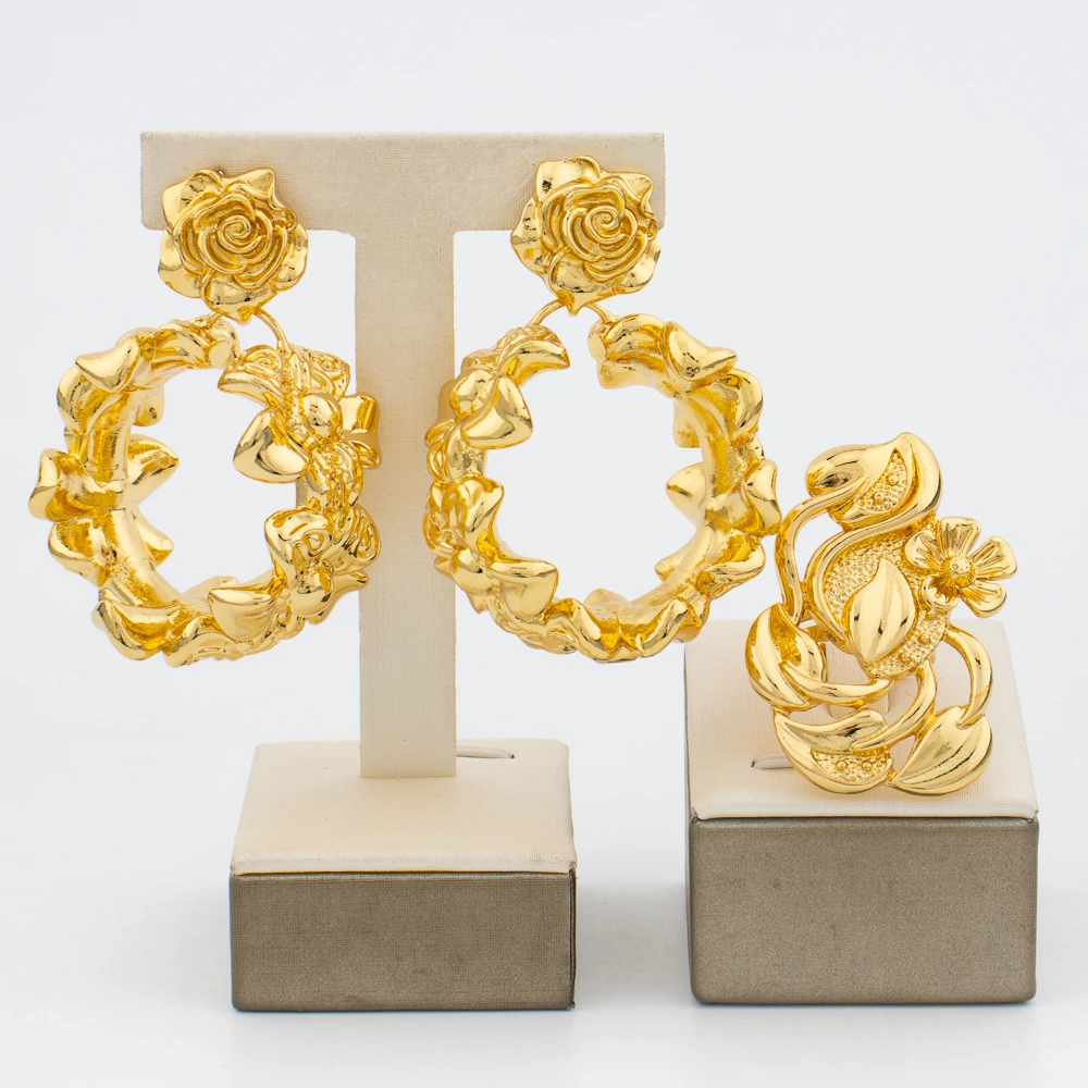 

African Gold Plated Earrings and Ring Jewelry Set for Women Dubai Dangle Earrings Statement Finger Ring for Weddings Daily Wear