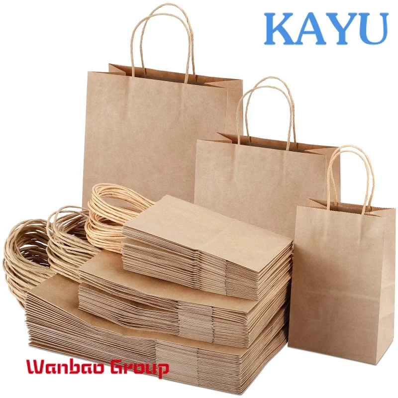 Customized designer Logo Printed Recyclable biodegradable Brown Plain packing Kraft Shopping Paper Bags With logo Twisted Handle