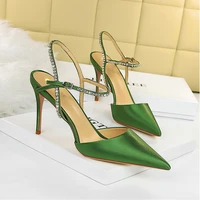 2022 new summer women sandals satin pointed toe heels rhinestone ankle buckle female heels party dress shoes ladies stiletto
