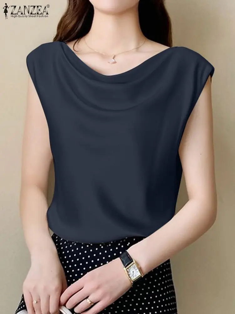 

Women Sleeveless Tanks Tops ZANZEA Stylish Summer Elegant Stain Blouse Office Lady Shirt Casual Solid Camis Blusas Femininas