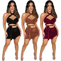 gl6380 ladies two piece summer womens sexy streetwear solid color strapless backless pleated short skirt suit womens nightclub