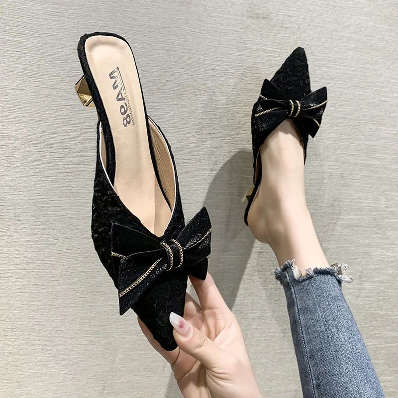 

Pointed Toe Shoes Woman 2022 Butterfly-Knot Slippers Heels Luxury Slides Pantofle Low Square heel High Designer Cover New Block