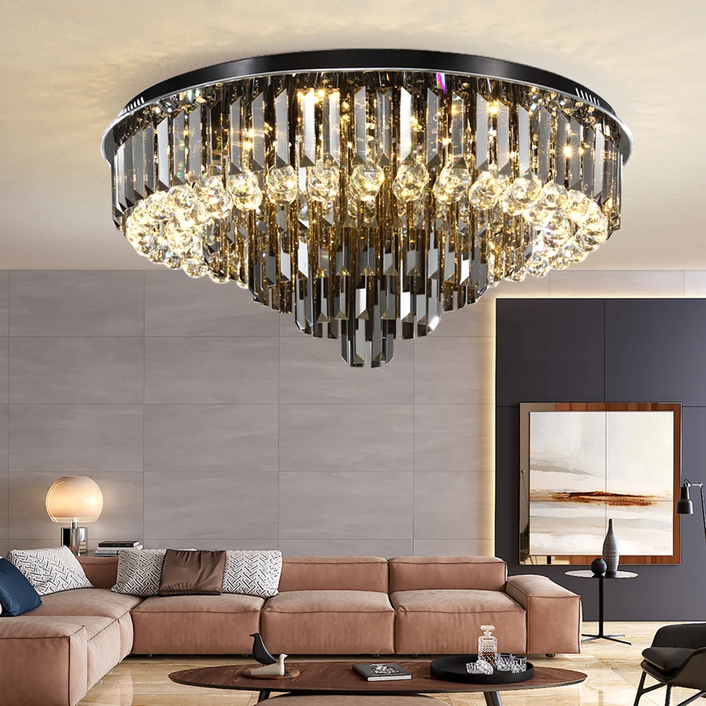 

Pendant Lights Luxury Crystal Led Ceiling Chandelier Big Living Room Lamp Modern SmokyGray Clear Cristal Lighting Round Lustre