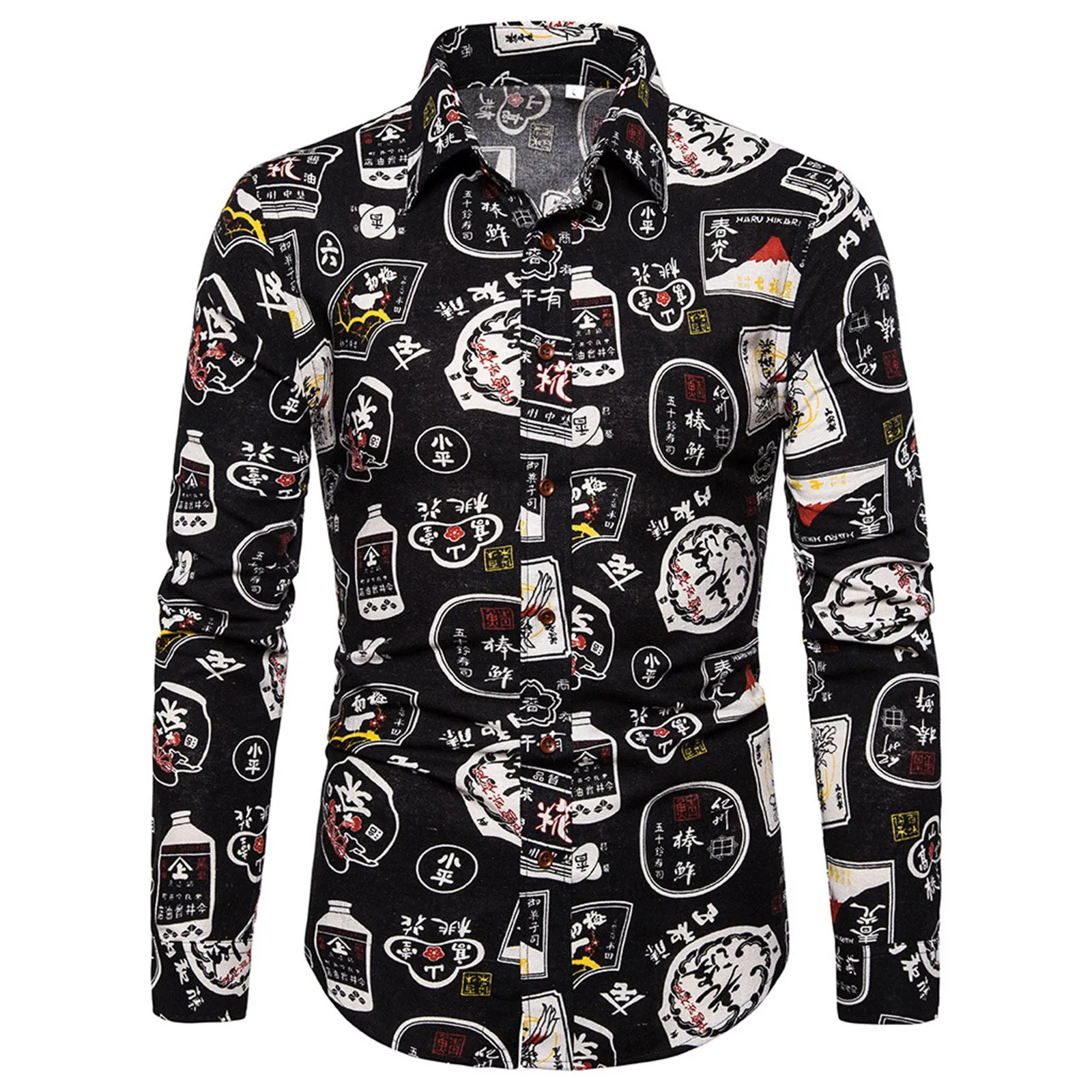 

Men Vintage Shirt Retro Printed Turn-Down-Collar Shirts Tops Button Long-Sleeve Blouse Autumn Spring Slim Fit Social Dress Shirt