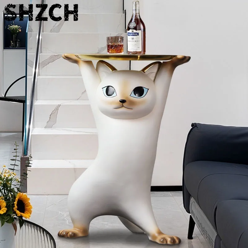Фото Очаровательный журнальный столик MOMO с кошачьим дизайном, большой поднос для закусок, подставка для ТВ, диванчик рядом с напольным подносом, подарок №3