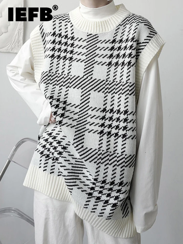 

IEFB Menswear Korean Fashion Plaid Knitting Pullovers Men‘s Autumn And Winter 2022 New Loose Round Collar Sleeveless Vest Tide ’