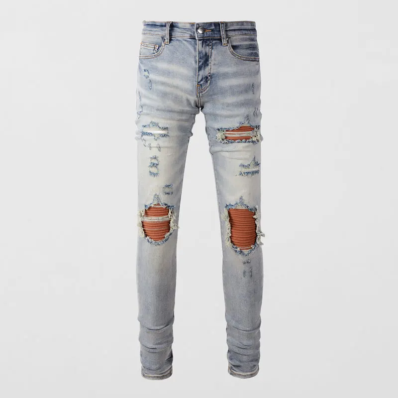 Street Fashion Men Jeans Retro Gray Blue Elastic Stretch Skinny Ripped Jeans Men Caramel Patched Designer Hip Hop Brand Pants