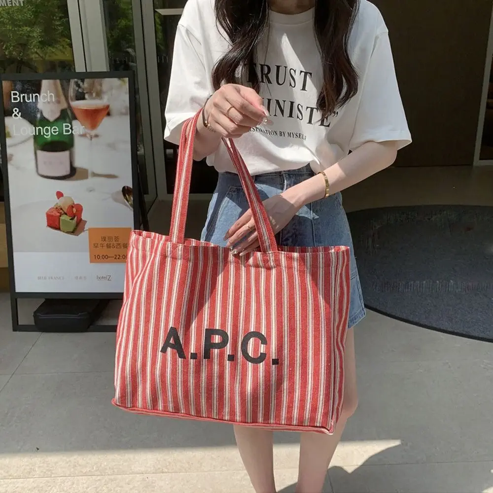 

Beach Bag Makeup Lipstick Bag Grid Large Capacity Letter Canvas Stripe Tote Bag Women Shoulder Bag Ins Handbag Lattice