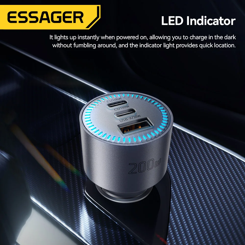 Фото Автомобильное зарядное устройство Essager 200W с USB Type-C, QC 4.0, 3.0, PD 100W, быстрая зарядка USB-C для iPhone 17, 16, Macbook Pro, Huawei №5