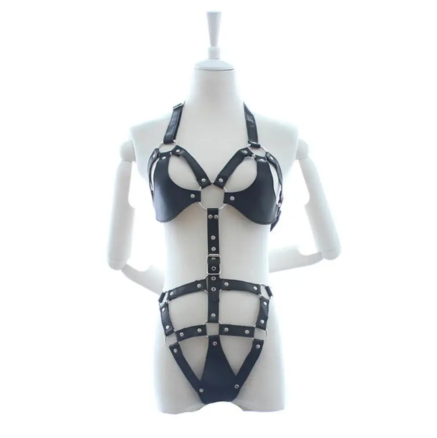 

Adult Game PU Leather Body Harness Female Flirting Bra with Chastity Belt for Sex Roleplay Fetish Bondage Sex Toys