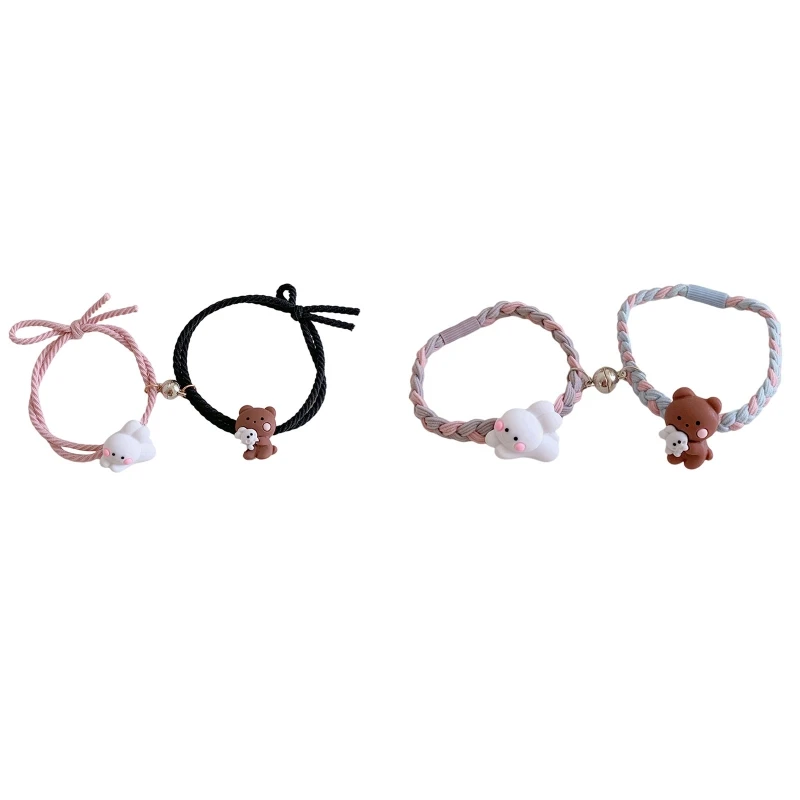 

634C 2pcs/set Mutual Attraction Elastic Rope Bears &Rabbits Hand Rope Hair Ring Bracelet Gift for Valentines Day BFF Birthday