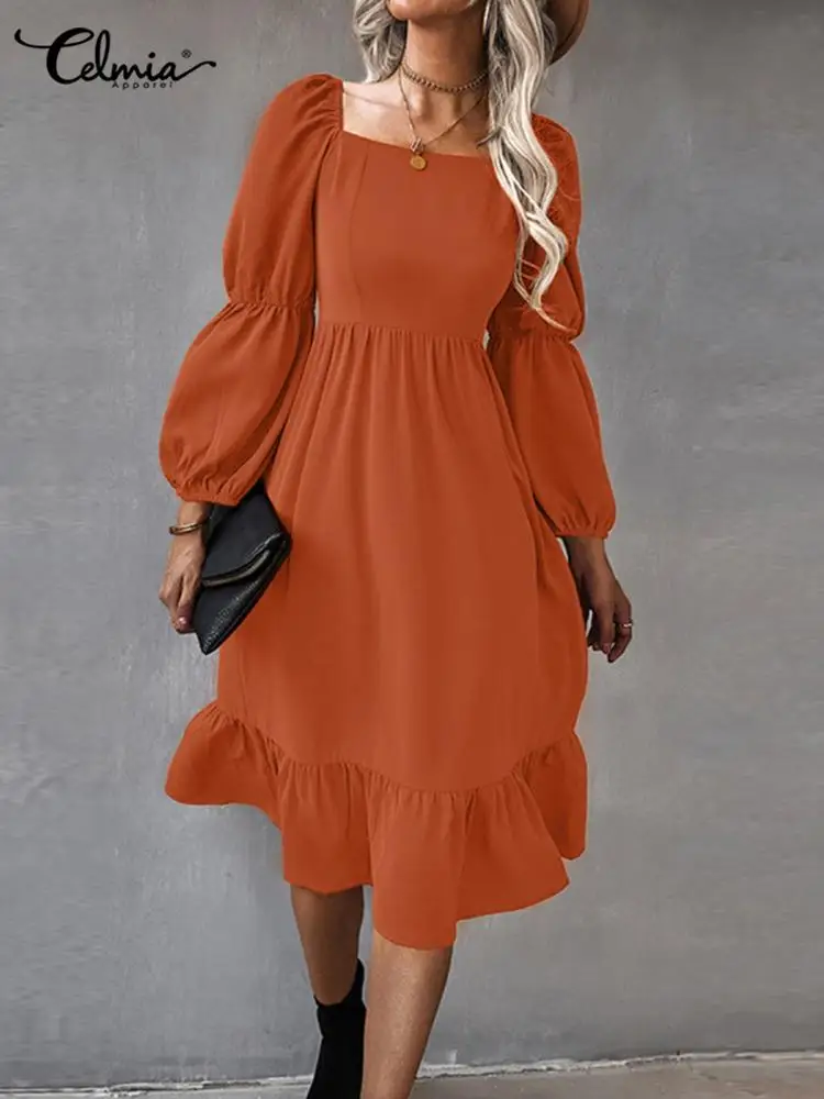 

Элегантное платье миди с длинным пышным рукавом 2022 Celmia модное повседневное свободное праздничное платье с квадратным вырезом и оборками на...