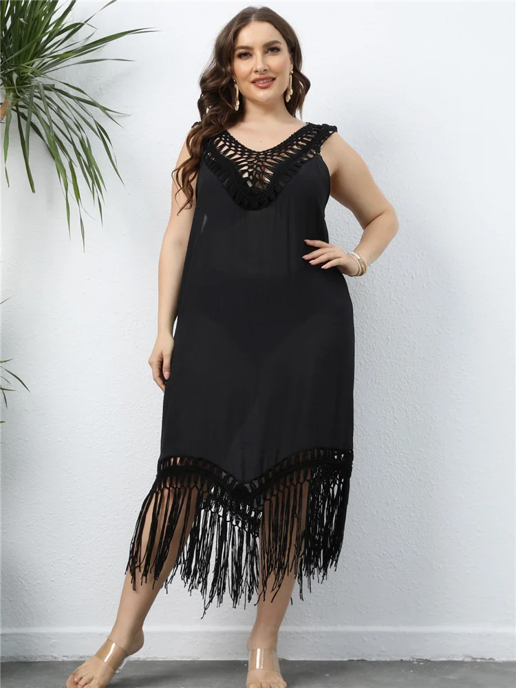 

2022 Plus Size Beach Cover Up for Women Corchet V Neck Black Beach Dress Largest Solid Color Cover-ups Style Fringe dresses xxxl