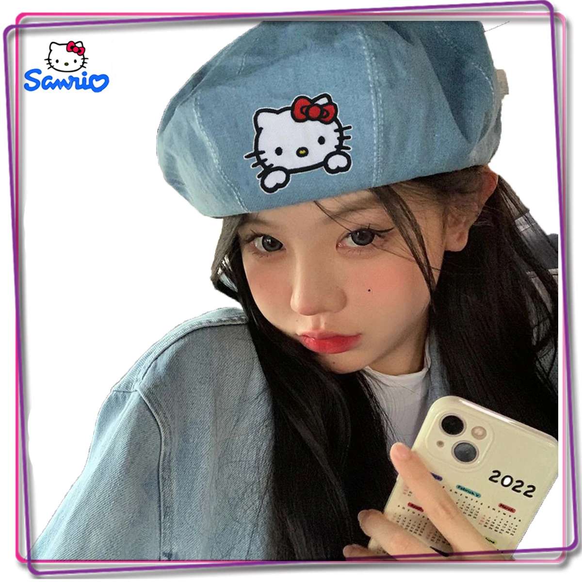 

New Sanrio Japanese Anime Women s Y2K Hello Kitty Denim Beret Outdoor Fashion Versatile Cute Pumpkin Hat Elegant and Comfortable
