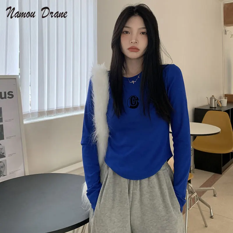 

Long Sleeve T-shirts Women Letter Fashion Chic O-neck Cropped Slim High Street Stylish Korean Hip Hop Sexy Club Female Cozy Tops