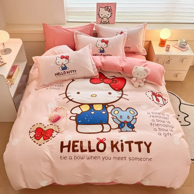 

Sanrioed Hello Kitty Cinnamoroll My Melody Four-Piece Set Pure Cotton Pillowcase Sheet Quilt Cover Three-Piece Set Cute Bedding