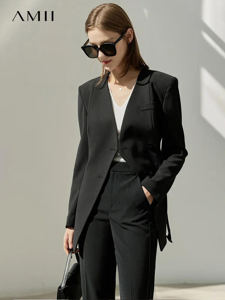 Amii Minimalist Spring V-neck Suits for Women Sashes Slim Solid Straight Female Blazers Office Lady Fashion Midi Tops 12270022