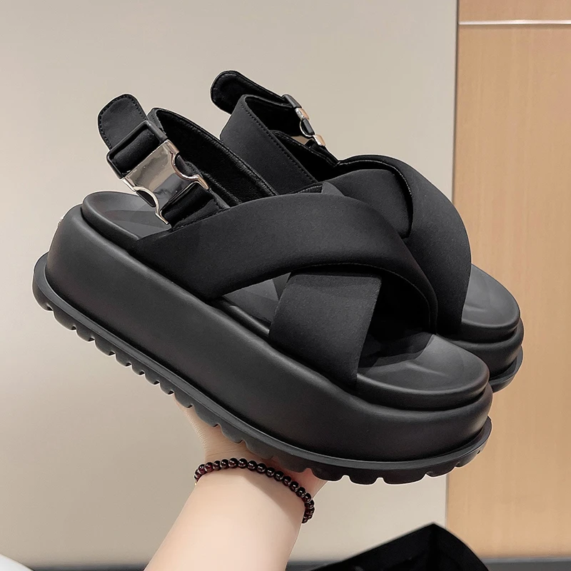 

6CM Ladies Fashion Gladiator Women Sandals Lift Shoes Sandals Roman Buckle Open Toe Beach Shoes Increase Workplace All-match