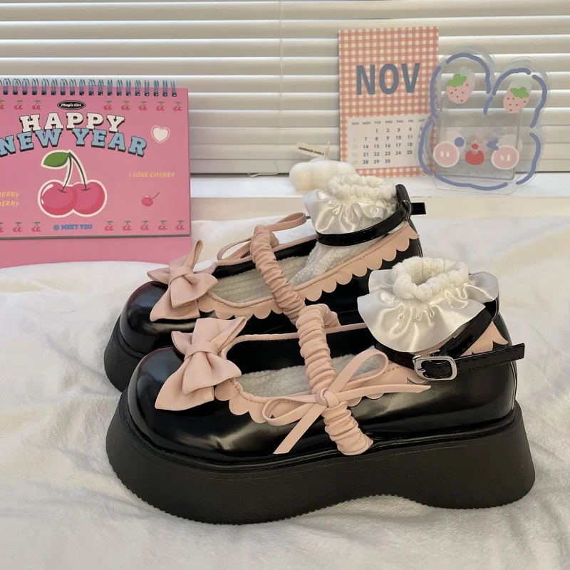 SHANPA Original Pink Bow Mary Janes Cute Lolita Shoes for Women New In 2023 All-match Leisure Student Shoes Zapatillas Mujer