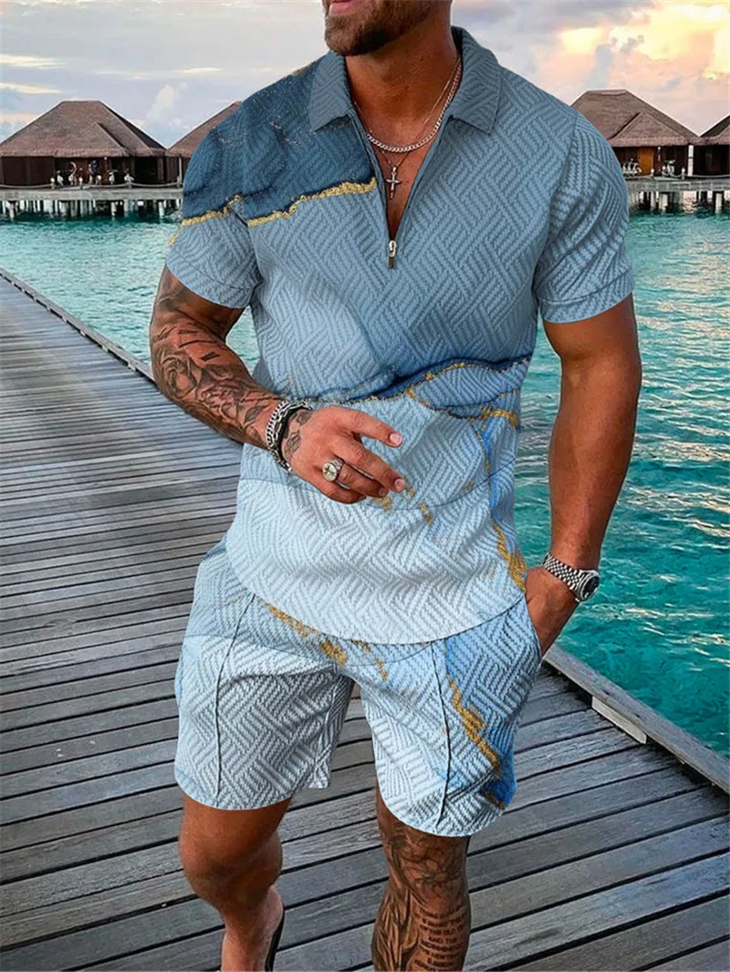2022 New Men's Suit 3D Color Stitching Print Summer Short Sleeve Polo Shirt Shorts Suit Fashion Zipper Polo Shirt Two Piece Set
