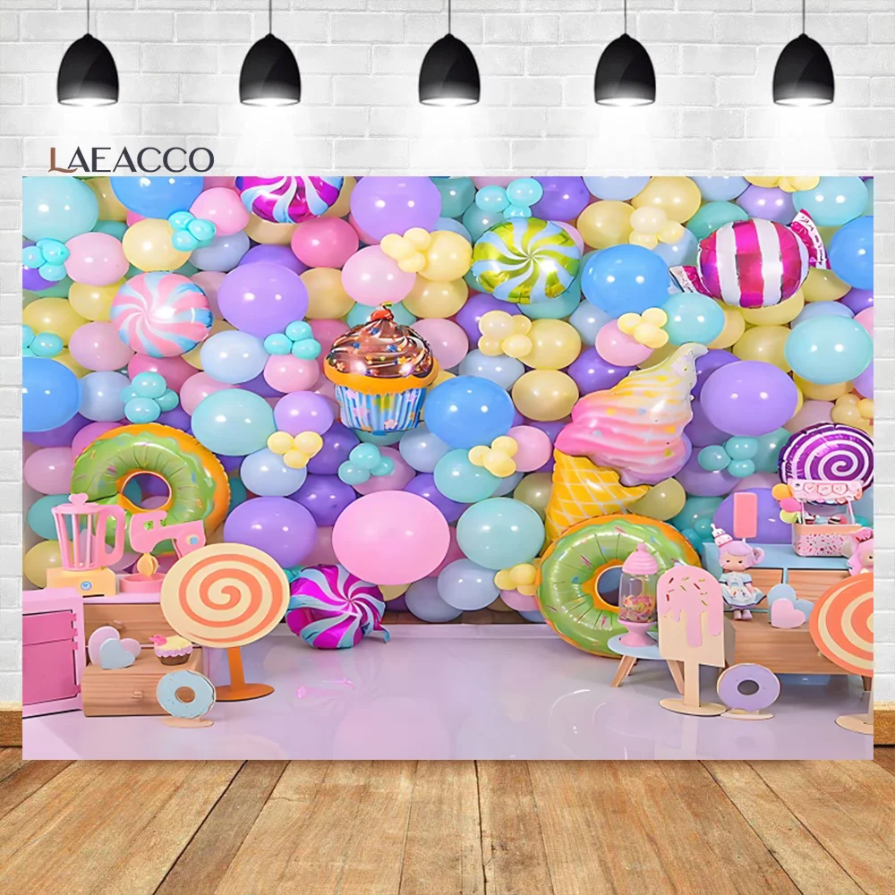 

Laeacco Ice Cream Lollipop Balloons Wall Birthday Sence Photography Background Newborn Baby Cake Smash Portrait Photo Backdrop