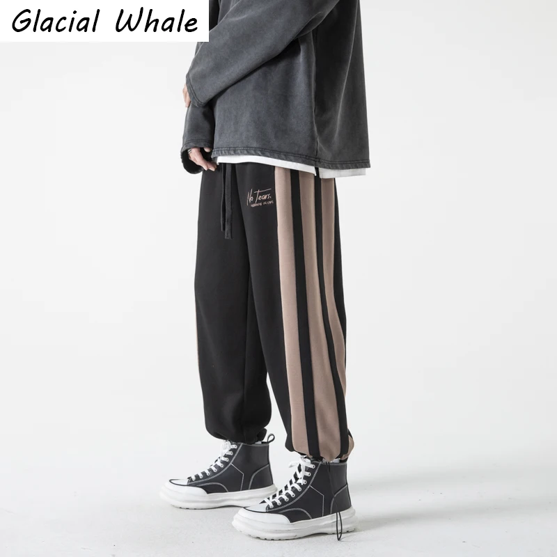 

GlacialWhale Mens Baggy Joggers Men Embroidery Side Striped Harajuku Trousers Male Streetwear HipHop Harem Black Pants For Men
