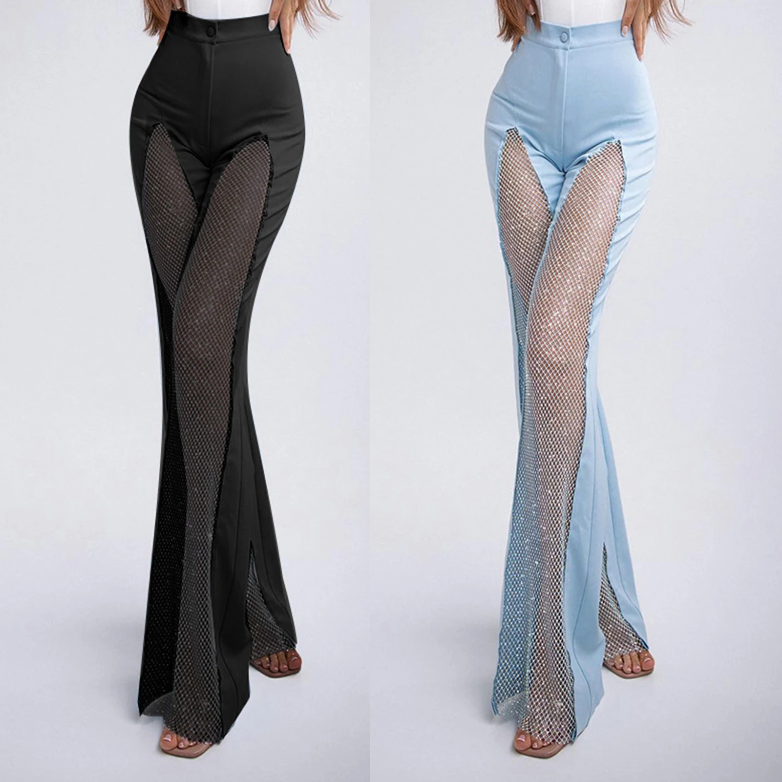 

Summer Long Pants Ladies Slight Fare Pant See Through Sequin Trousers Button Down High Waisted Vintage Outfit Pantalone De Mujer