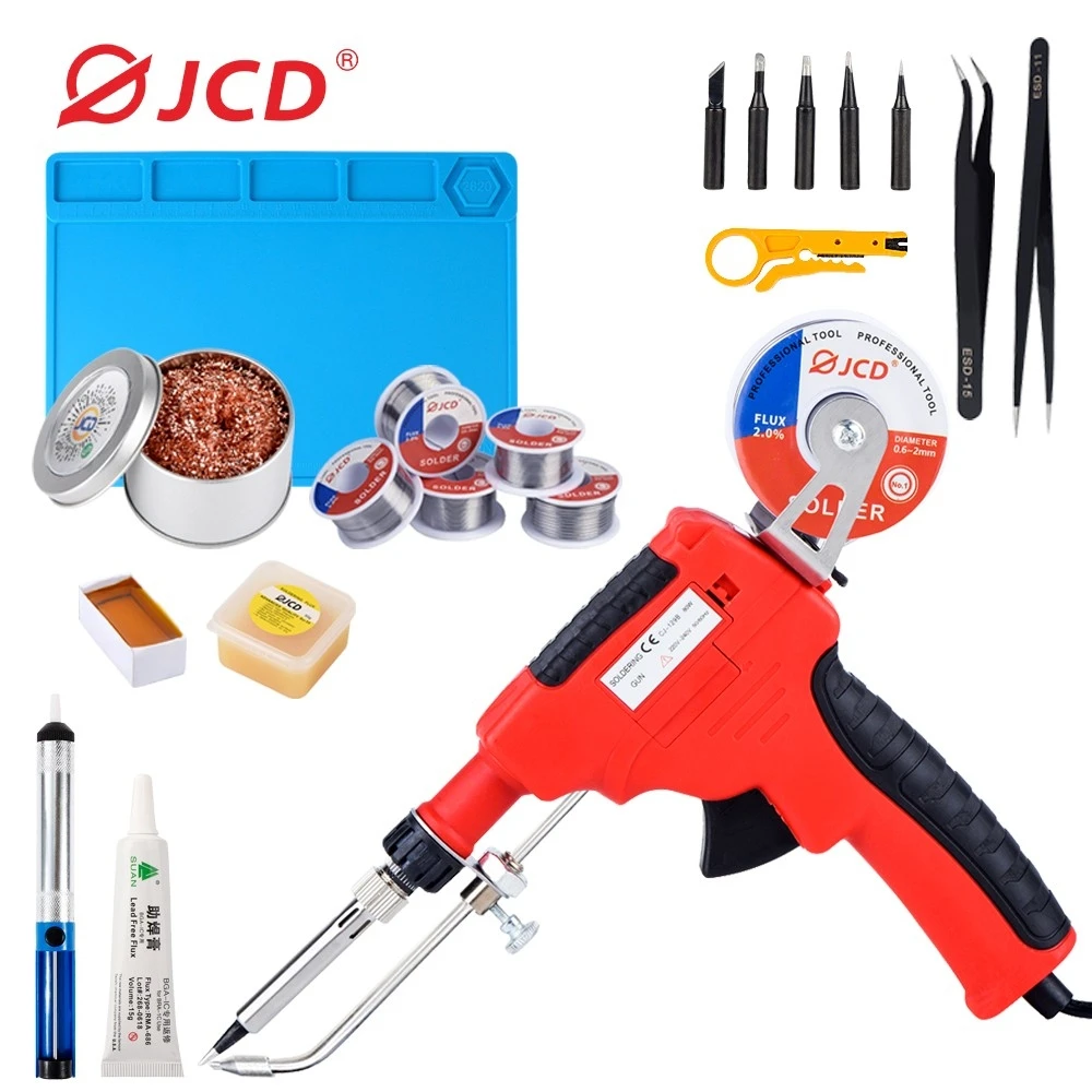 

JCD 80W Soldering Gun Solder Iron Gun Kit Soldering Iron with 5pcs Soldering Tips Desoldering Pump Tweezers Soldering Wires Flux