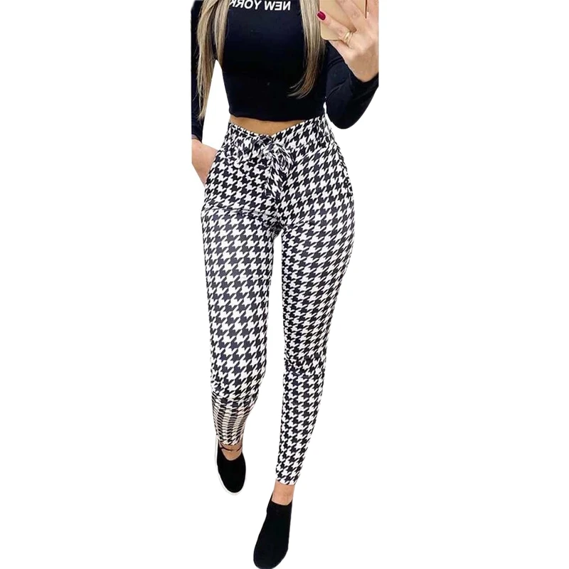 

High Waist Tights Trousers Skinny Black Houndstooth Pants Women Sexy High Waist Lace Up Pencil Pants Slim Bodycon Plaid Bottom