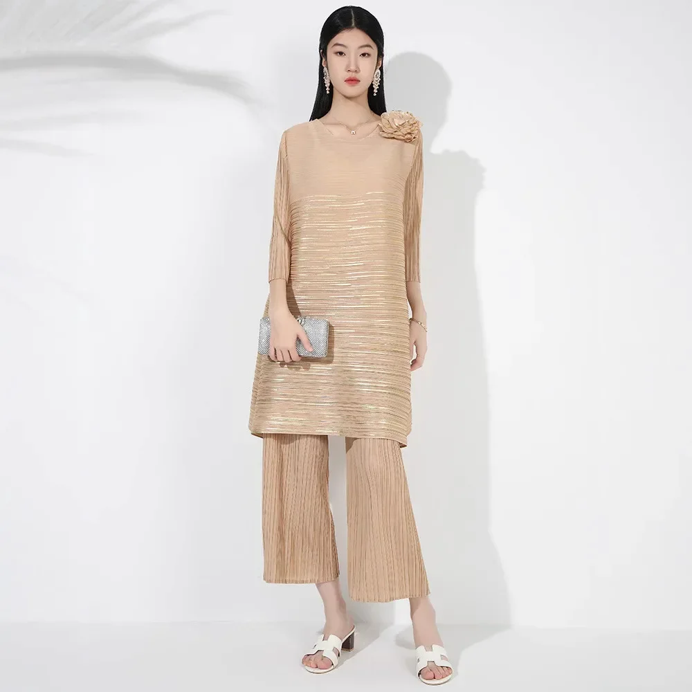 Miyake плиссированный костюм женский осенний новый высококачественный бронзовый