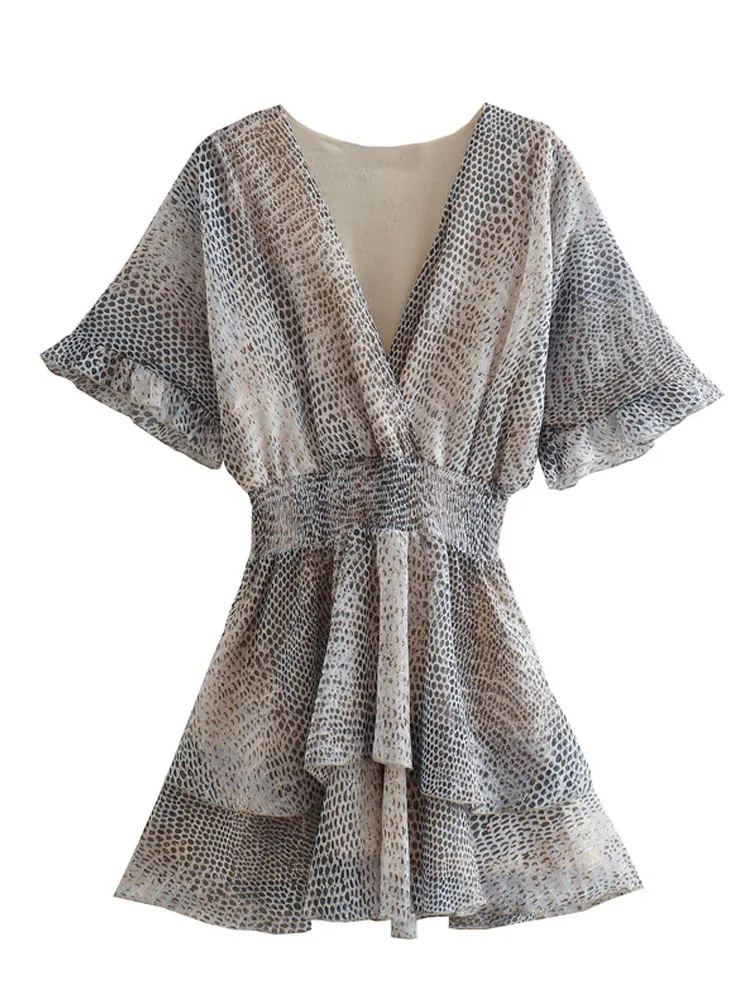 

2022 Summer Women Mini Dress Vintage Chiffon Snake Print V-Neck Cascading Ruffle Female Elegant Street Dresses Clothing
