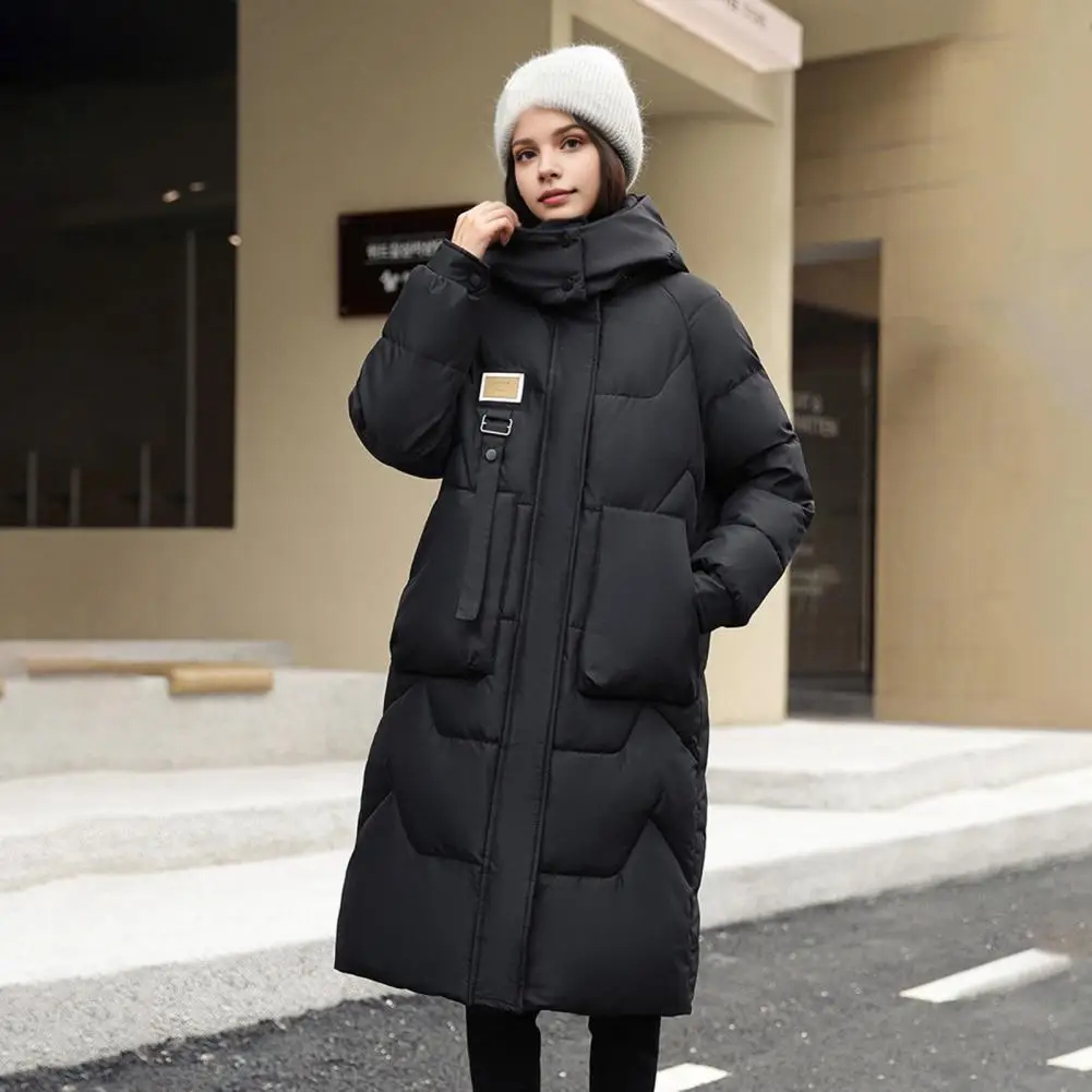 Женское пальто средней длины ветрозащитное зимнее пуховое с капюшоном