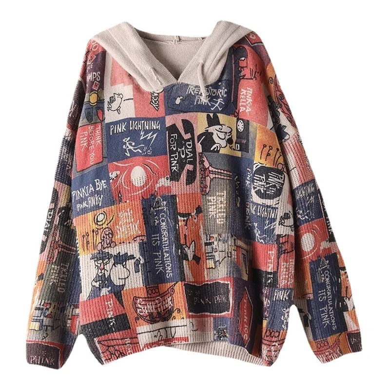 

Женский вязаный свитер с капюшоном, в стиле ретро